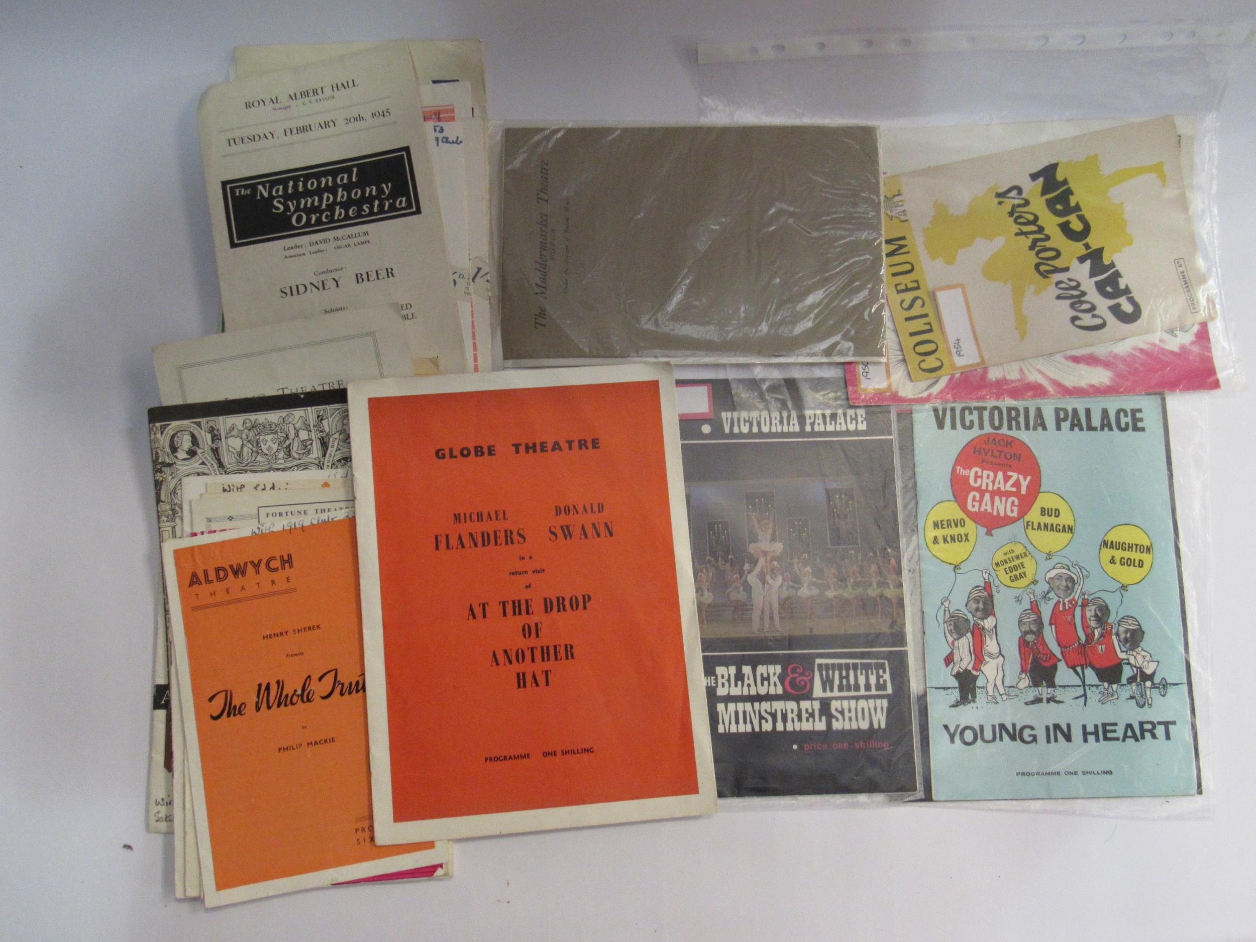 A quantity of Theatre programmes mainly London including Globe Theatre "At the drop of Another Hat",