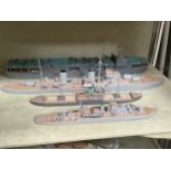 Four handcrafted ship models 1:350 scale: Loch Arkaig, HMS Arethusa, HMS Activity and Merchant Ship