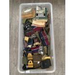 A box of miscellaneous militaries including belts, webbing and ephemera