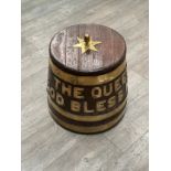 A 1940s / 50s Royal Navy rum tub, coopered with brass mounts and “The Queen God Bless Her” lettering