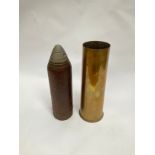 A WWI 18lb shrapnel shell head with brass case, deactivated