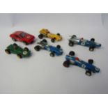 Six loose playworn Scalextric slot racing cars; C37, C14, C43 (x2), C23 and C28 (a/f, some missing