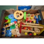 A box of child's wooden block toys