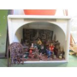 A painted wooden dolls box room as a bazaar rug stall, with dolls, furniture and accessories, 36cm