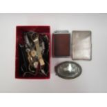 A box containing assorted wristwatches, electroplated photograph frame, Calibri cigarette case in