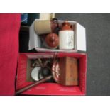 Two boxes containing a selection of brass and copperware and stoneware flagons etc