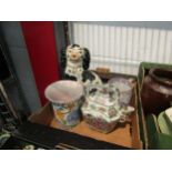 Two boxes containing Staffordshire flatback, barge ware teapot, Oriental teapot, etc a/f