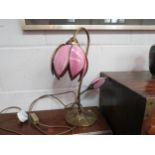 A Christopher Wray 1970's Lotus lamp with brass effect and pink glass, with side bulb, 42.5cm tall