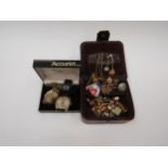 A small jewellery box with shirt pin, cufflinks, brooches and two vintage watches