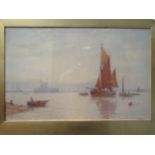 GEORGE STANFIELD WALTERS (1838-1924): A watercolour “Sunset on the Medway” depicting battleship