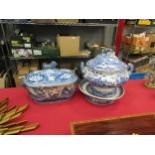 A 19th Century blue and white "Stag" pattern tureen, lion finial and lion handles, a/f together with