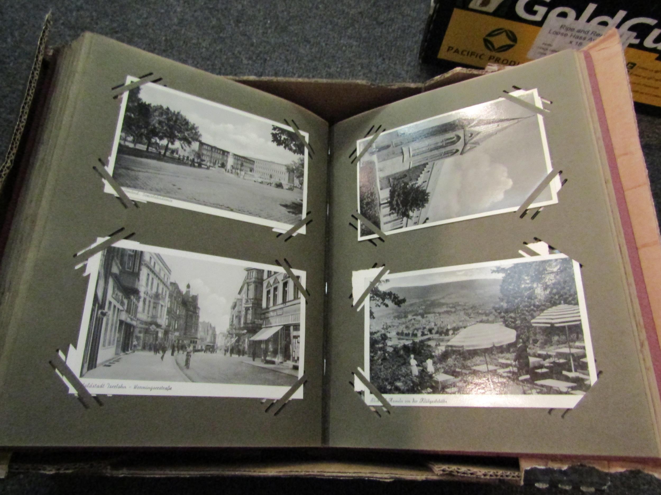 Two boxes containing two postcard albums, one containing mainly Continental examples, the other - Image 4 of 5
