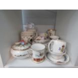 Two Royal commemorative Royal Crown Derby fine bone china floral boxes, cups, saucers and mugs