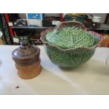 A Portuguese cabbage leaf lidded pot, some chips. A Doulton Lambeth tobacco pot (2)