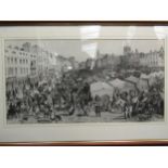A print of a charcoal drawing of Norwich market scene circa 19th Century. Framed and glazed. 36 x