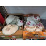 A box of Alfred Meakin dinner wares, a box of Duchess bone china tea cups, saucers and a box of