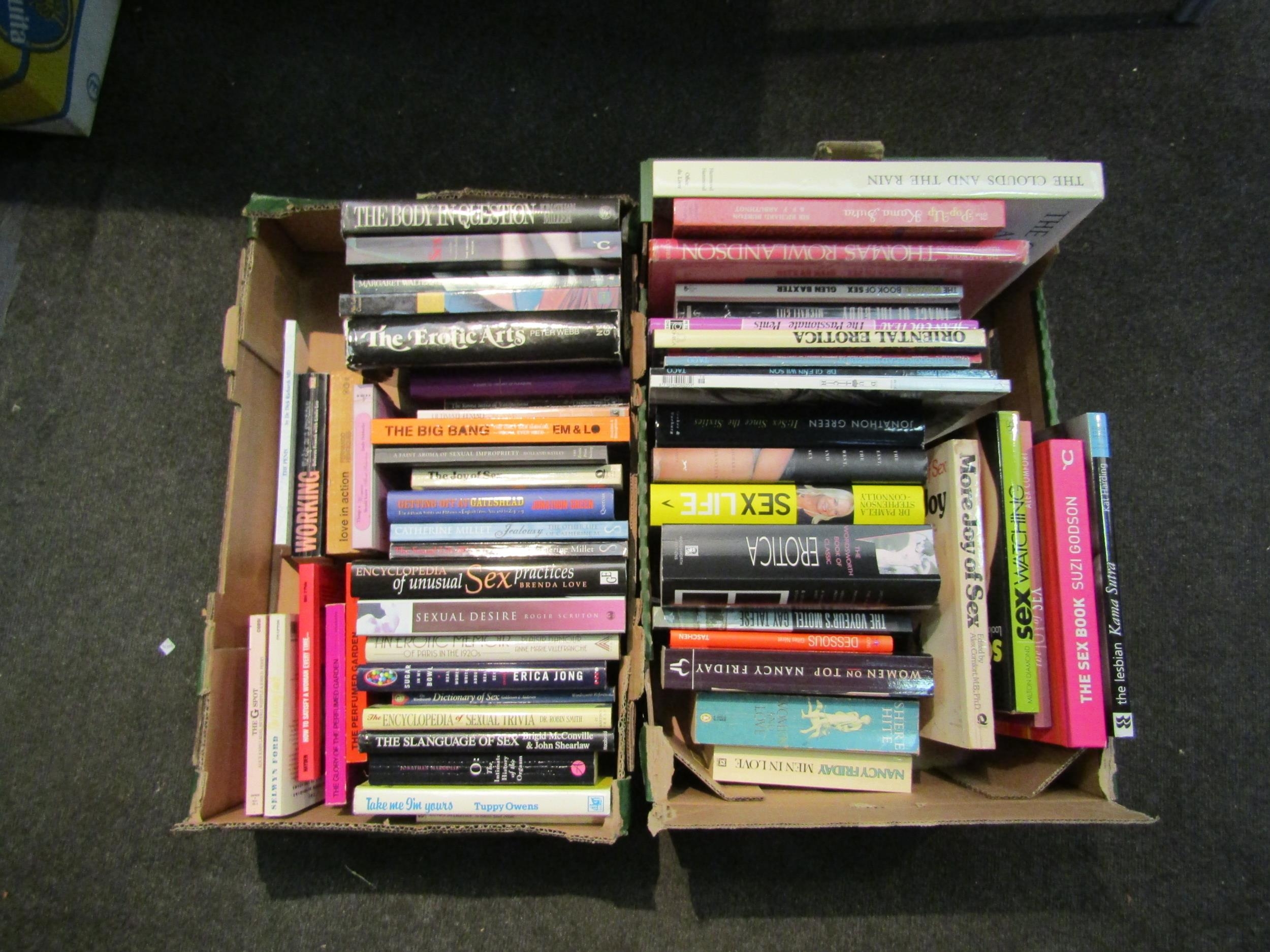 Two boxes of erotica and sex related books, including "The Clouds and the Rain, the Art of Love in