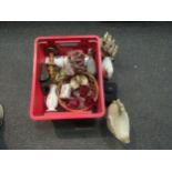A box of assorted items to include a soapstone brush pot and a mother-of-pearl box