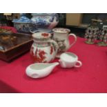 A Staffordshire lidded treacle mug, a Mason's Ironstone red dragon jug, a white pap boat and white