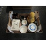 Three boxes of ceramics including stoneware Hunt & Sons (Yarmouth) ginger beer bottle, Crabtree &