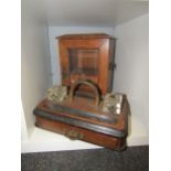 An Edwardian oak smokers cabinet and desk inkwells (2)