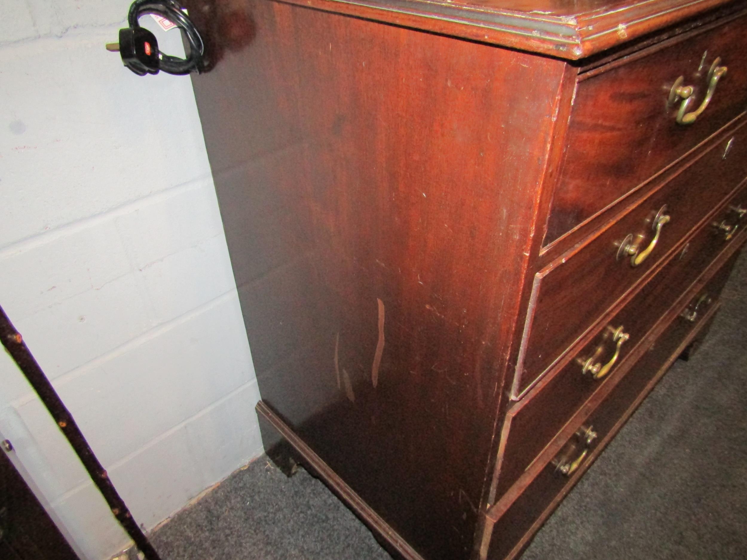 A George III mahogany chest of two short over three long drawers, brass swan neck handles, on - Image 3 of 4