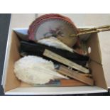 A box of late 19th early 20th Century fans including with painted wood and bone guard sticks, some