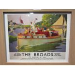 A reproduction Railway advertising print "The Broads", it's quicker by rail poster, framed and