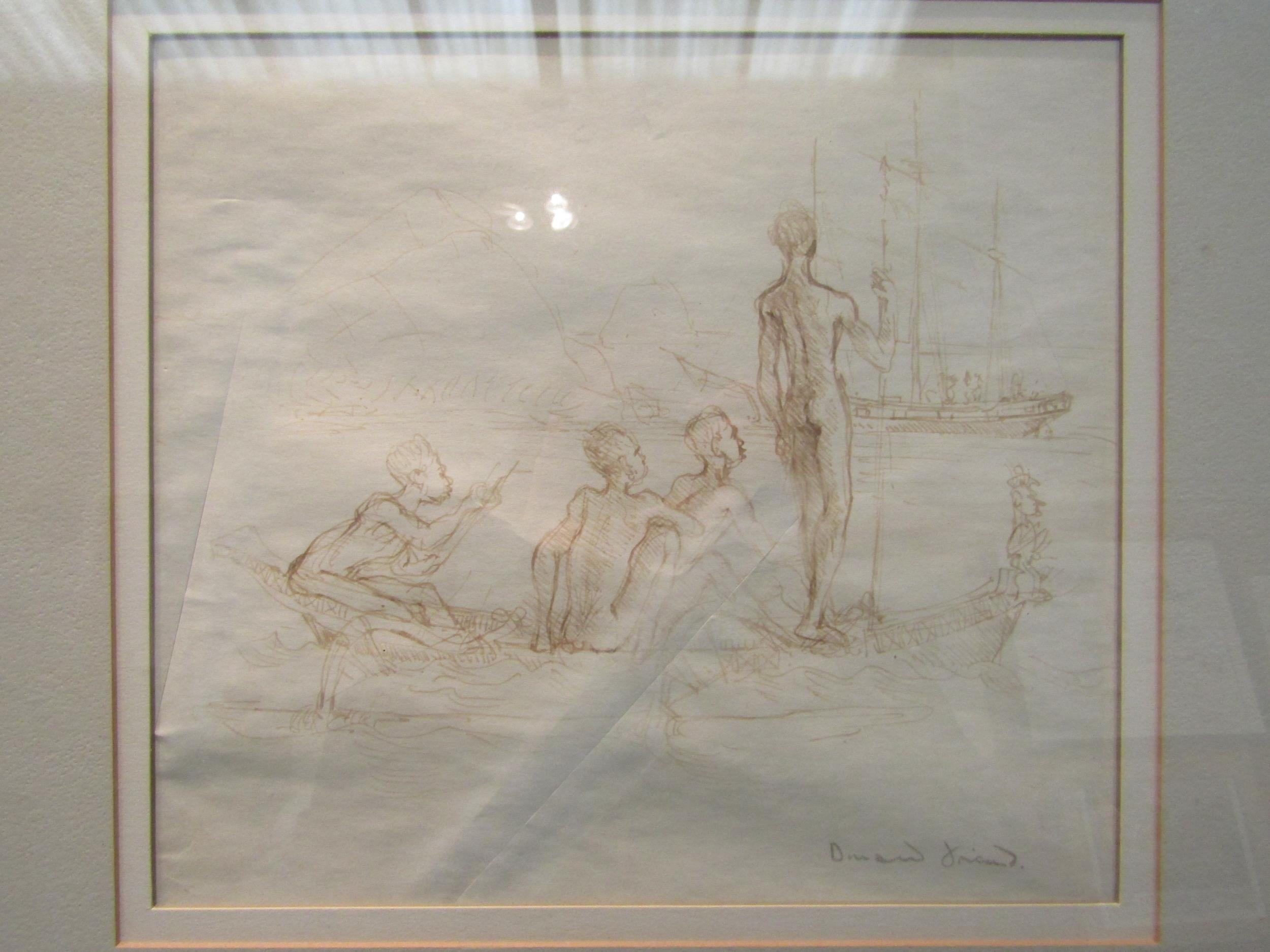 DONALD FRIEND (1914-1989): A framed and glazed pen and ink drawing of young boys on boat, native