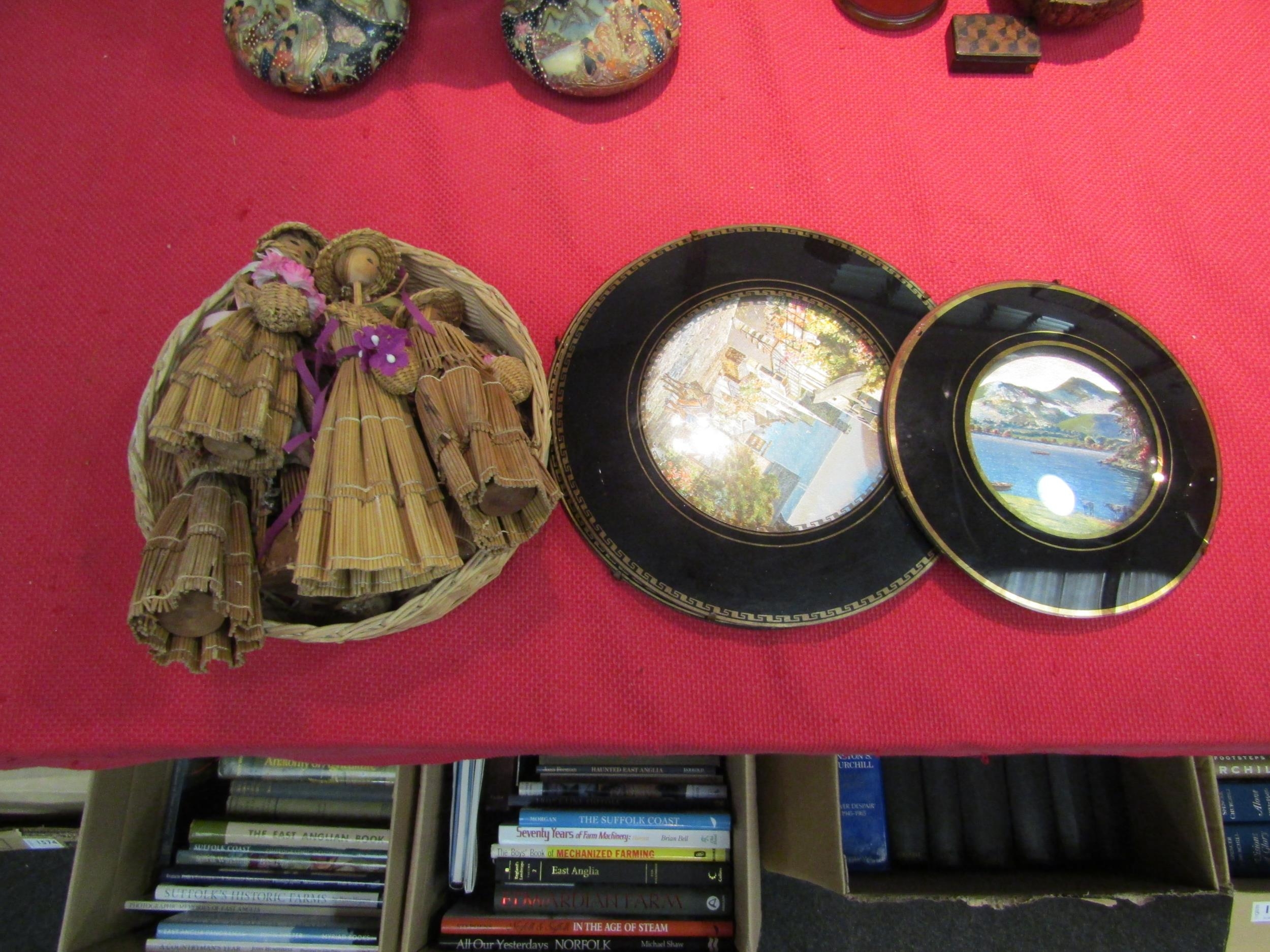 Three foil glass pictures and a quantity of corn dollies