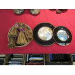 Three foil glass pictures and a quantity of corn dollies