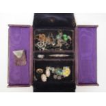 A box of jewellery including marcasite earrings, brooch (no pin etc)