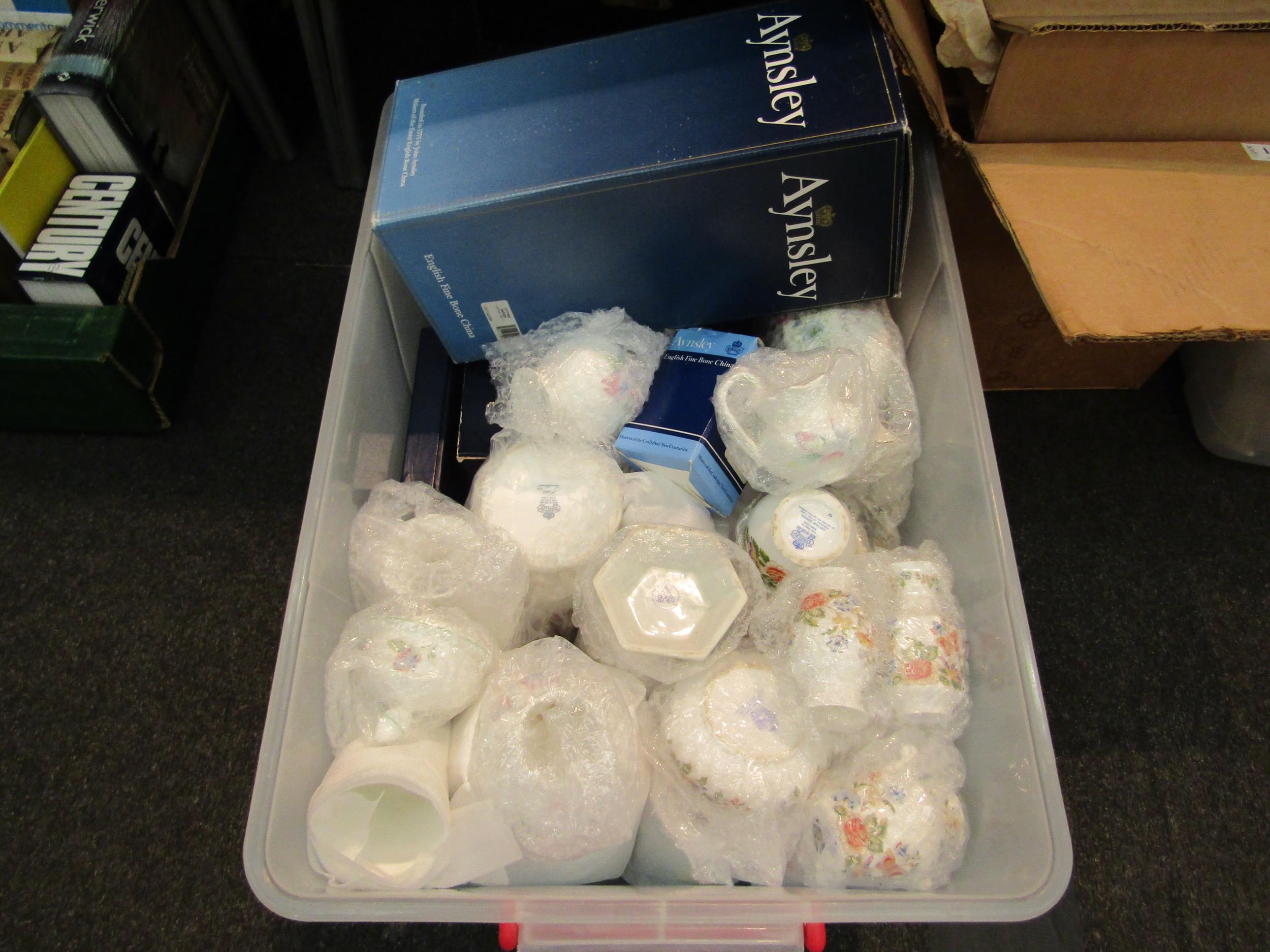 A box of Aynsley ceramics and a Royal Doulton "Juno" tea set for six, one cup missing
