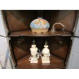 A pair of alabaster table lamp bases and a 1930's frosted glass ceiling lamp with pansy pattern