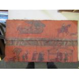 A pair of 19th Century Bayeux style tapestry remnants depicting figures and longboat, 50cm long