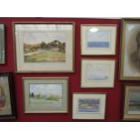 Five framed and glazed watercolours including village scene signed Digby, three sea scapes and scene