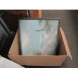 A box of pictures and prints including Shona Winter, Constable oleographs etc