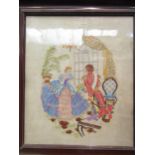 A tapestry depicting couple in interior scene, framed and glazed, 44cm x 37cm