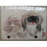 A 20th Century Chinese painting of Pekinese dog, framed and glazed, 31cm x 44cm image size
