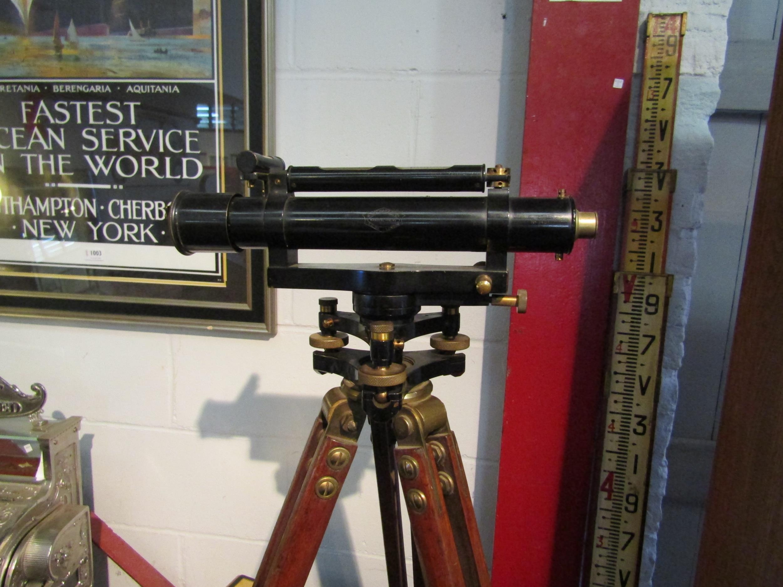 A W. Ottway & Co., Ealing, London theodolite with mahogany case, tripod and 14ft three section