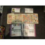 Three partially filled stamp albums and two albums containing First Day covers
