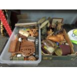 Two boxes of assorted including carved wooden animals, records, figures etc