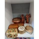 Two carved wooden figures together with wooden boxes including a stamp box and a plated copper bowl,