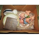 A box of assorted china including a Doulton lustre bowl, five NatWest pigs, Johnson Brothers meat