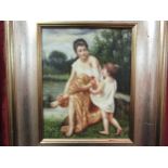 An oil depicting mother and child, framed, 25cm x 19.5cm