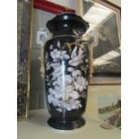 A Victorian opaque glass vase with bird and floral detail, 38cm tall