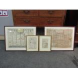Four framed and glazed maps - Road from London to Aberystwyth, London to King's Lynn, Potters Bar to