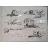TERRY COPPIN (b. 1939 Norfolk artist): A framed and glazed charcoal study "Harvesting Machines,