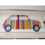 A print on canvas depicting a pop art style image of a multi-coloured striped Mini Cooper car,