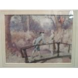 An 18th Century English School watercolour of couple on a bridge along the lines of Gainsborough,